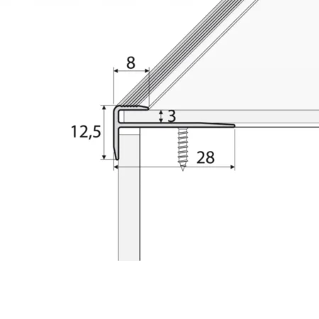 Drawing of anodised aluminium carpet edge ending profile cover strip floor bar trim, 8 mm x 9 mm