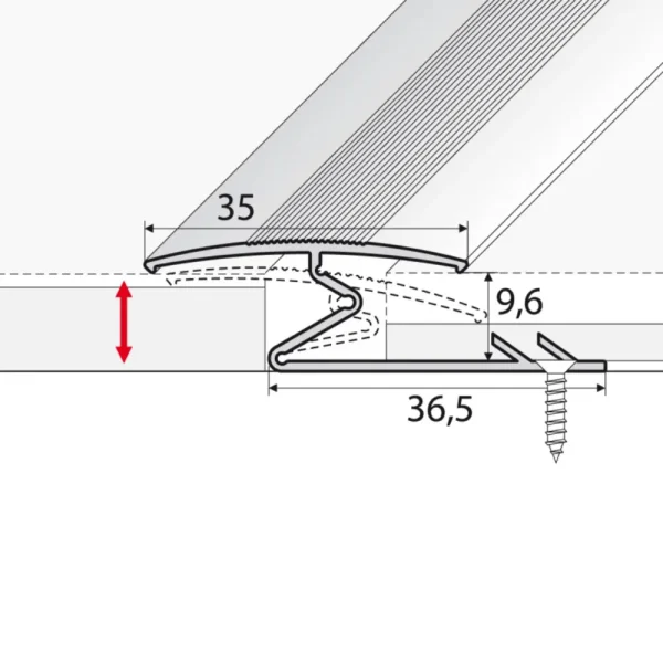 Drawing of anodised aluminium Z-edge carpet profile door floor bar trim, 35 mm