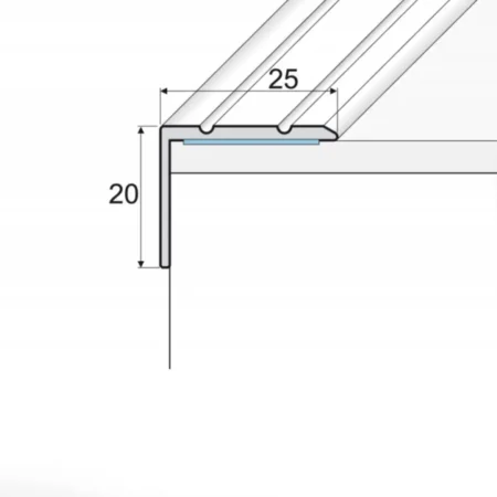 Drawing of self-adhesive anodised aluminium anti-slip stair edge nosing trim, 25 mm x 20 mm