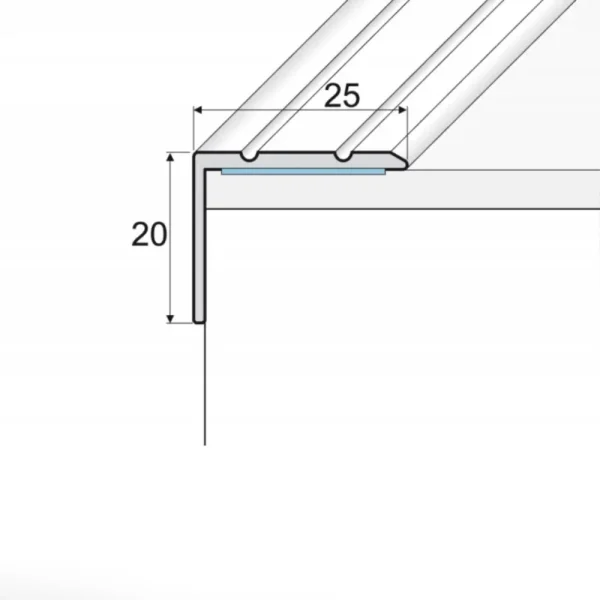 Drawing of self-adhesive anodised aluminium anti-slip stair edge nosing trim, 25 mm x 20 mm