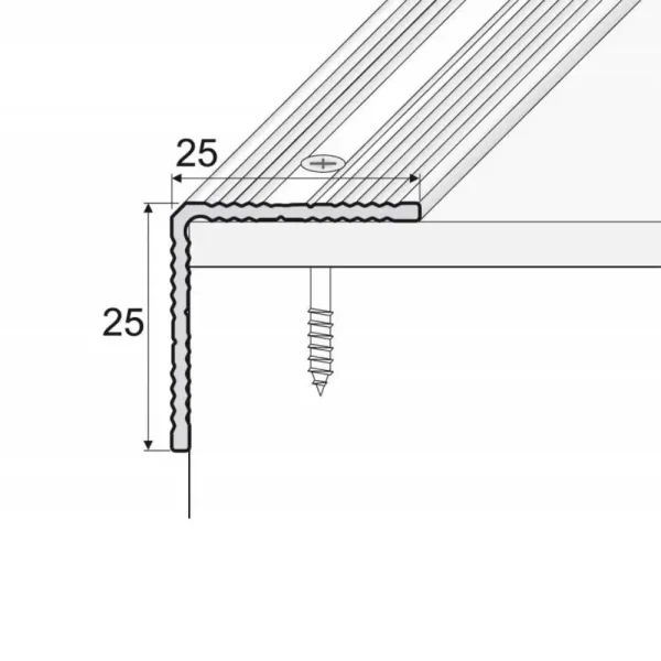 Drawing of self-adhesive anodised aluminium anti-slip stair edge nosing trim, 25 mm x 25 mm