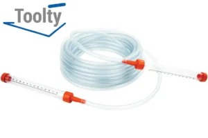 Toolty hose water level with clear coiled tubing and two orange-capped graduated vials