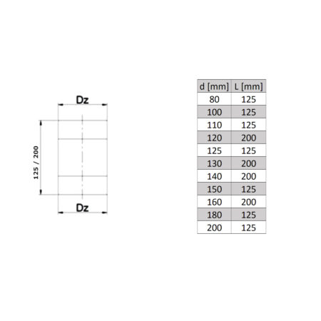 Technical drawing of a chimney male connector showing dimensions and available diameters from 80 to 200 mm, with lengths of 125 or 200 mm.