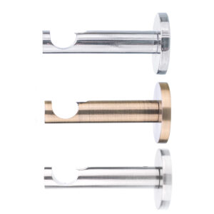 Metal curtain rod bracket in chrome, brushed brass, and satin chrome finishes