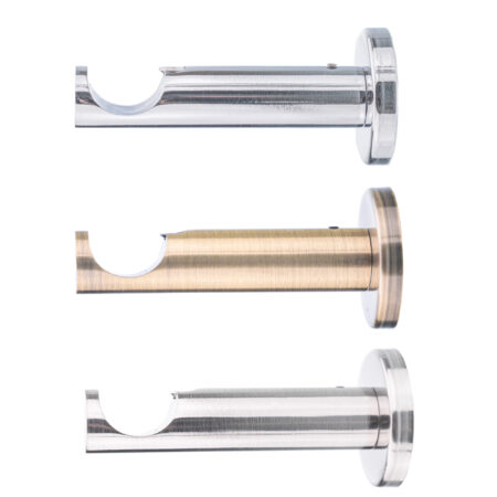 Curtain rod bracket in chrome, brushed brass, and satin chrome finishes