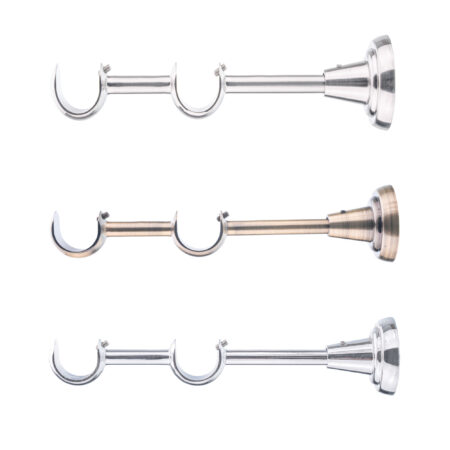 Classic curtain pole bracket shown in three finishes, featuring a double support design for 25mm curtain poles