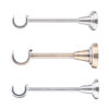 Curtain rod bracket with U-shaped hook in chrome, brushed brass, and satin chrome finishes