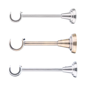 Curtain rod bracket with U-shaped hook in chrome, brushed brass, and satin chrome finishes