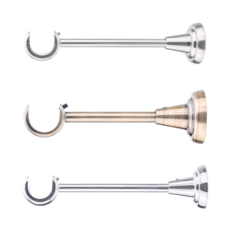 Curtain rod bracket with U-shaped hook in chrome, brushed brass, and satin chrome finishes
