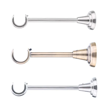 Curtain rod bracket with U-shaped hook in chrome, brushed brass, and satin chrome finishes