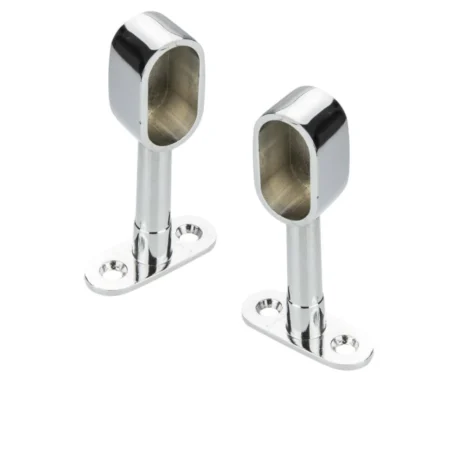 Wardrobe_Rail_Oval_brackets 30x15_pair Pair of chrome-plated oval wardrobe rail brackets with rectangular openings and mounting holes.