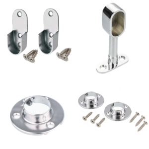 Chrome wardrobe rail mounting brackets and supports for 25 mm rail