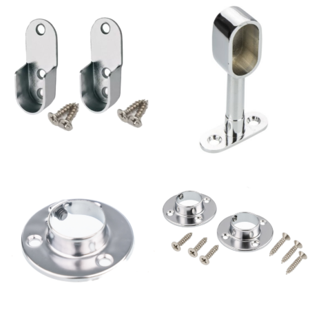 Chrome wardrobe rail mounting brackets and supports for 25 mm rail
