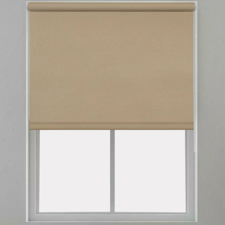 Beige roller blind installed on a white window