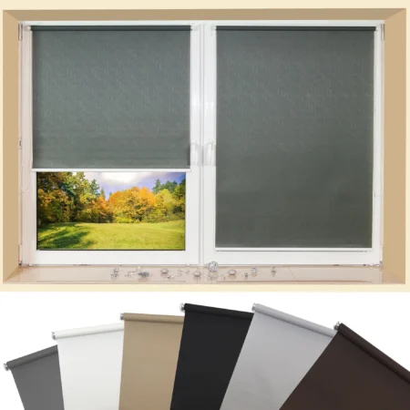 Blackout roller blinds in grey fitted to white window frames with multiple colour options