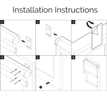 Roller blind installation instructions with six step-by-step diagrams