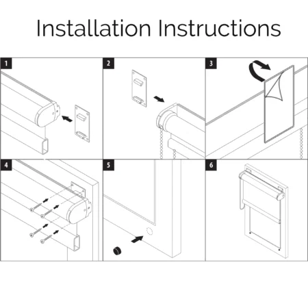 Six-step installation guide for fitting a roller blind with brackets, tape or screws
