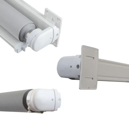 White roller blind with mounting brackets and operating mechanism