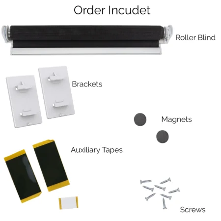 Roller blind with brackets, magnets, mounting tape and screws included