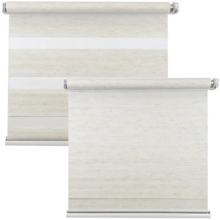 Beige linen-look day and night roller blind shown open and closed