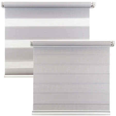 Silver day and night roller blind shown with the fabric open and closed