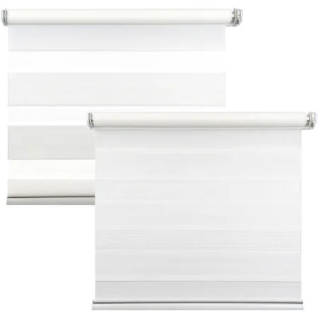 White day and night roller blind shown with the fabric open and closed