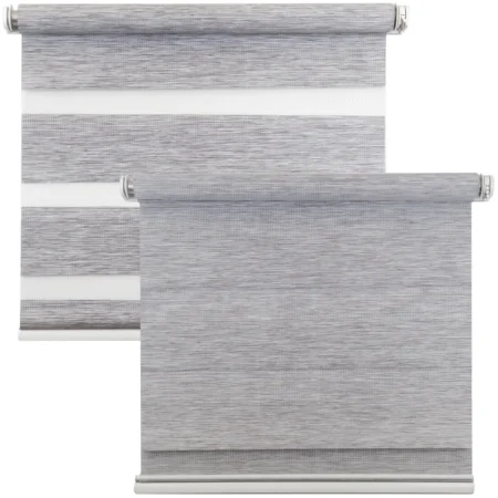Light grey day and night roller blind shown with the fabric open and closed