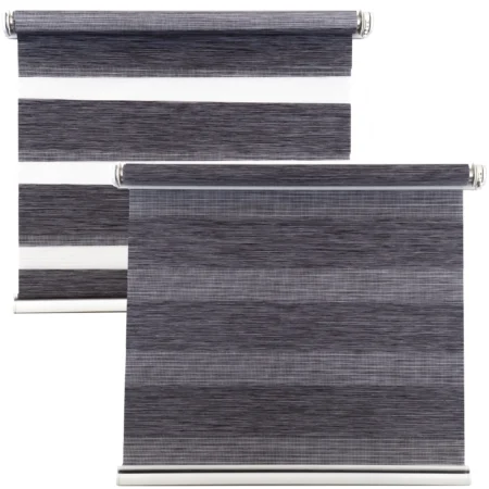 Grey day and night roller blind shown with the fabric open and closed