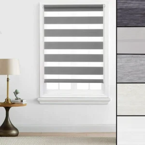 Day and night roller blind fitted to a white window frame, with five fabric colour samples