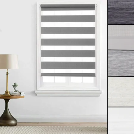 Day and night roller blind fitted to a white window frame, with five fabric colour samples