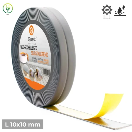 Roll of gray self-adhesive PVC skirting board trim, 10x10mm, 5m long