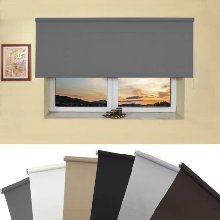 Light filtering roller blind above a recessed window, with six fabric colour samples below