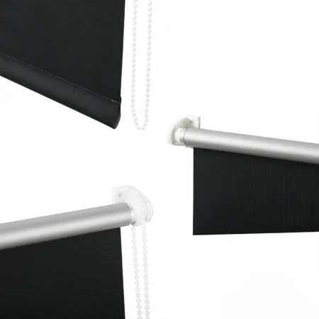 Close-ups of the roller blind bottom hem with beaded chain, idle-end bracket and chain drive