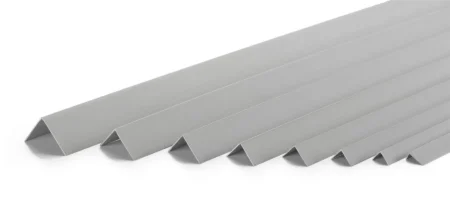 Gray PVC angle trim - all eight profile sizes Gray PVC wall corner protector angle trim shown in all eight profile sizes