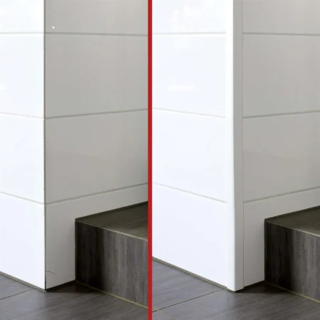 Wall corner before and after fitting the PVC angle trim Wall corner before and after fitting a self-adhesive PVC angle trim