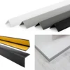 Self-adhesive PVC corner protector angle trim: colours, adhesive backing and finished corner Self-adhesive PVC wall corner protector angle trim in four colours with adhesive backing