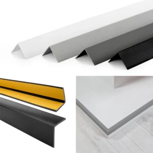 Self-adhesive PVC corner protector angle trim: colours, adhesive backing and finished corner Self-adhesive PVC wall corner protector angle trim in four colours with adhesive backing