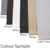 Six roller blind fabric strips labelled Grey, Brown, White, Black, Beige and Light Grey
