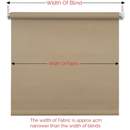 Diagram showing Width of Blind across both brackets and Width of Fabric, about 4cm narrower