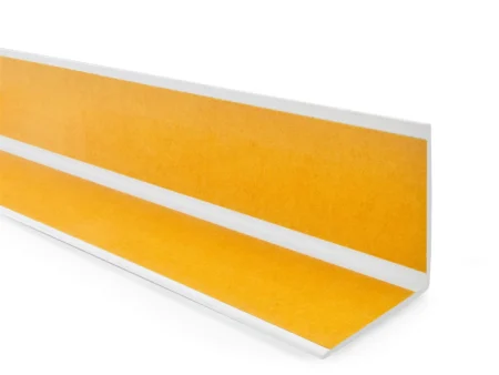 White PVC angle trim, reverse side with the self-adhesive tape Reverse side of the White PVC wall corner protector trim showing the adhesive tape