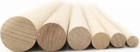 Beech wooden dowel rods side by side, comparing 8 mm to 25 mm diameters